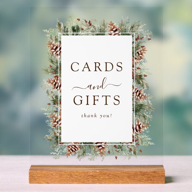 Winterkarten und Geschenke Acrylschild (Boho Pinecone Evergreen Winter Cards and Gift Acrylic Sign by Painted Paperie
)