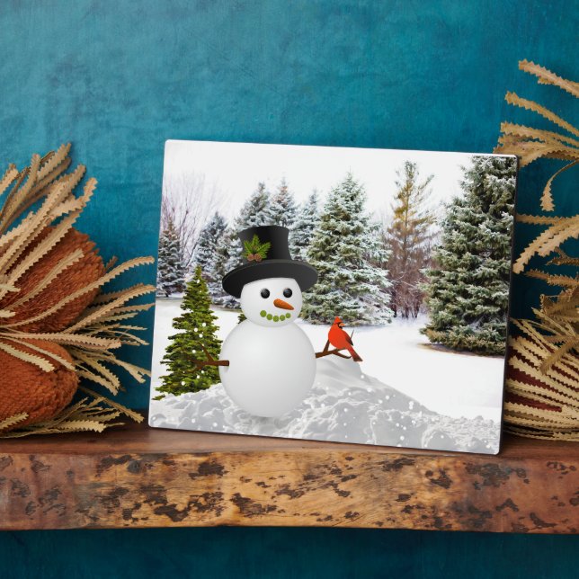 Winterkiefern Schneemann und Kardinalvogel  Fotoplatte (Seite)