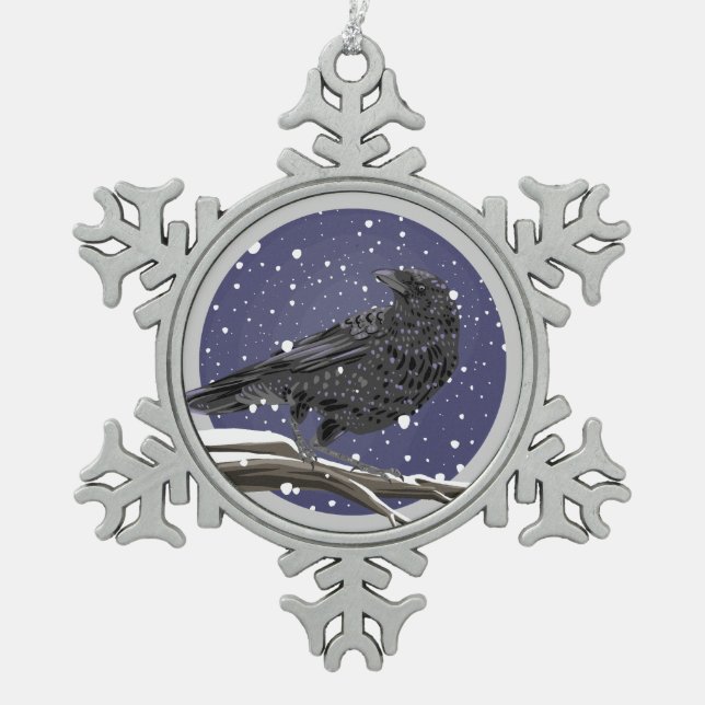 Winterkrähe Schneeflocken Zinn-Ornament (Vorderseite)