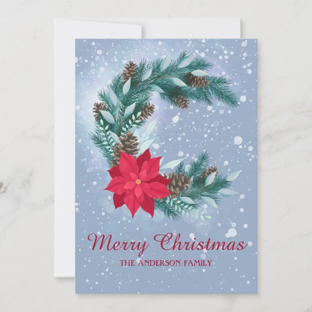 Winterkranz, Aquarell, Poinsettia, Kiefernzapfen Feiertagskarte (Vorderseite)