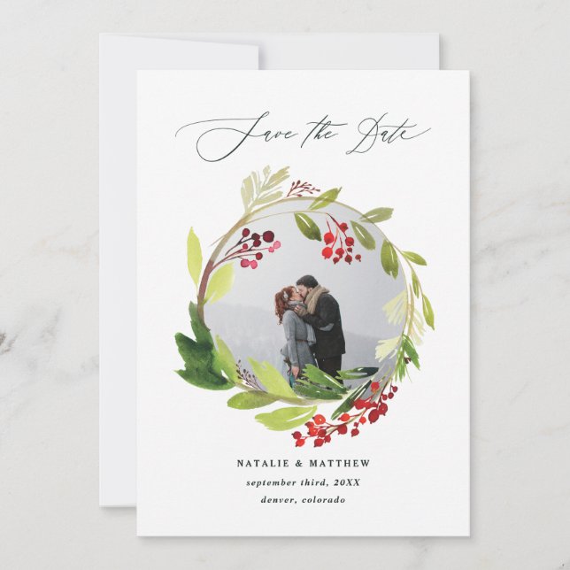Winterkranz-Foto für Wasserfarben Save the Date Dankeskarte (Vorderseite)