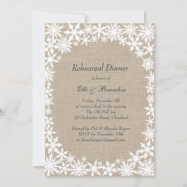 Winterlace auf Burlap Probe Dinner Einladung (Vorderseite)