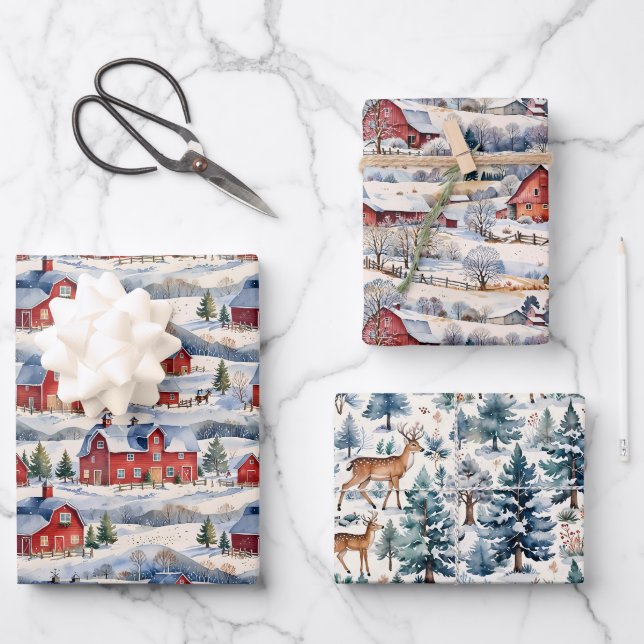 Winterlandbauernhof & Rote Ställe Geschenkpapier Set (Vorderseite)