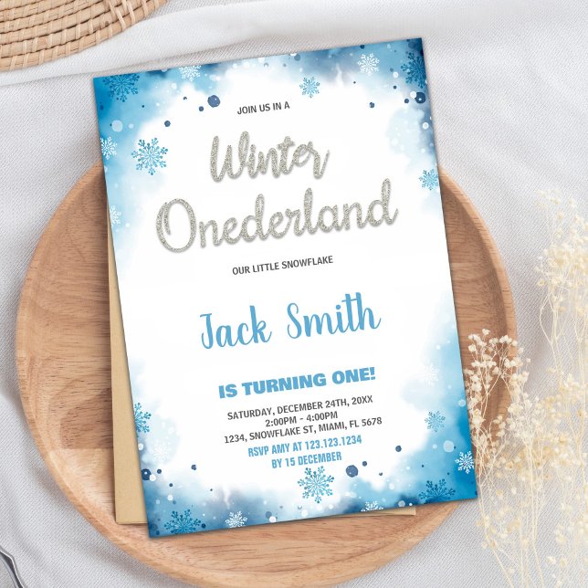 Winterlandschaft 1. Geburtstag Einladung Blau (winter onederland 1st birthday invitations Blue)
