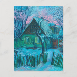 Winterlandschaft Altes Hütte Haus Pastelmalerei Postkarte