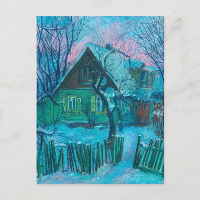 Winterlandschaft Altes Hütte Haus Pastelmalerei Postkarte (Vorderseite)