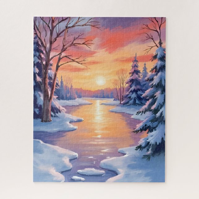 Winterlandschaft am Fluss bei Sonnenuntergang Aqua Puzzle (Vertikal)