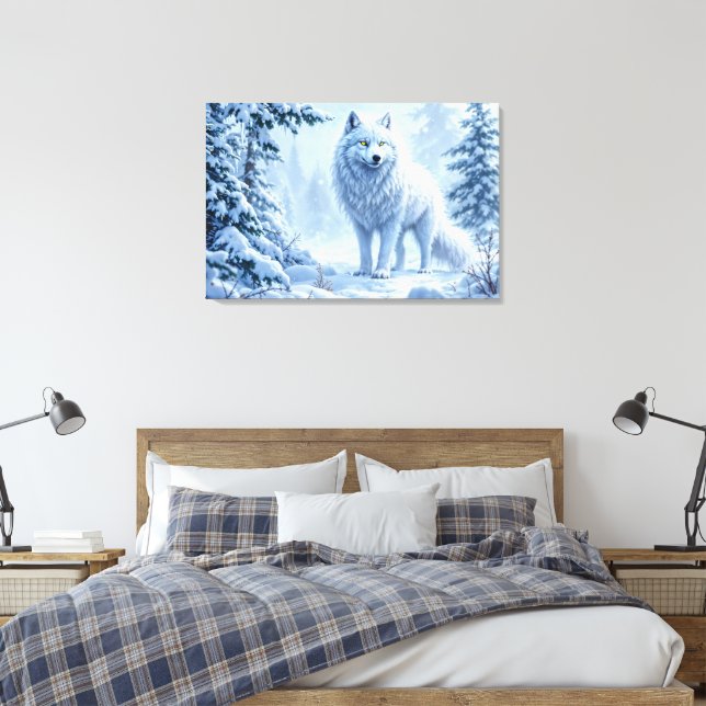 Winterlandschaft des weißen Arktischen Wolfes Leinwanddruck (Insitu (Schlafzimmer))