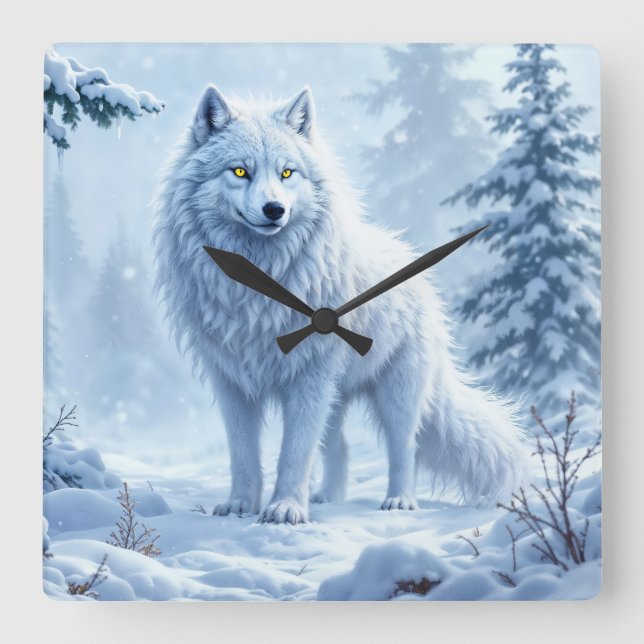 Winterlandschaft des weißen Arktischen Wolfes Quadratische Wanduhr (Vorderseite)