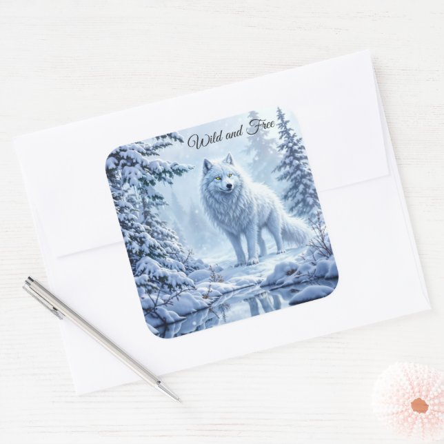 Winterlandschaft des weißen Arktischen Wolfes Quadratischer Aufkleber (Umschlag)