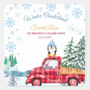 Winterlandschaft Einladung zum 1. Geburtstag Quadratischer Aufkleber