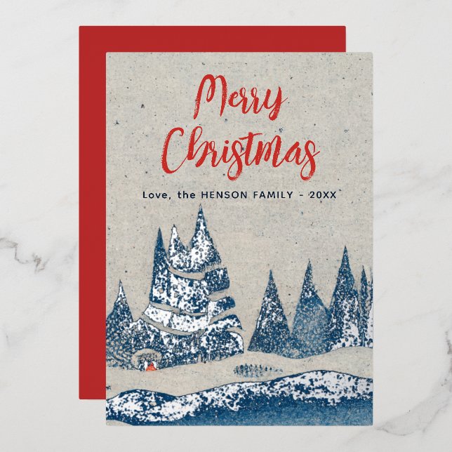 Winterlandschaft Forest Navy Blue Silver Foil Card Folieneinladung (Vorderseite/Rückseite)