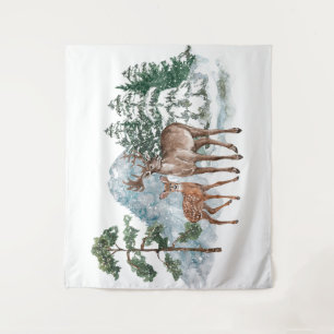 Winterlandschaft Hintergrund Rehe und Kiefern Schn Wandteppich