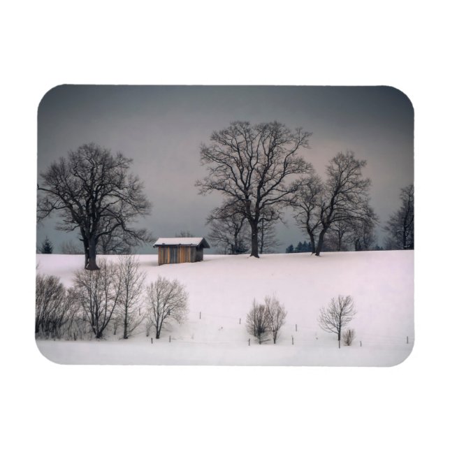 Winterlandschaft, Hügel und Bäume, Hütte Magnet (Horizontal)