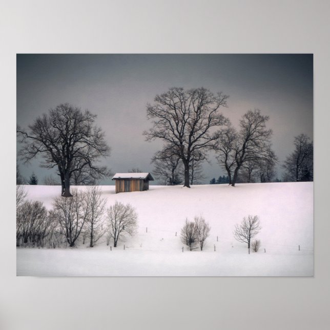 Winterlandschaft, Hügel und Bäume, Hütte Poster (Vorne)