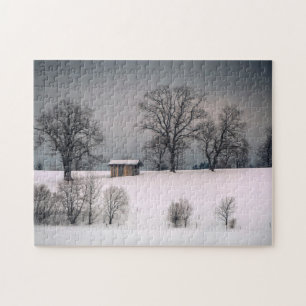 Winterlandschaft, Hügel und Bäume, Hütte Puzzle