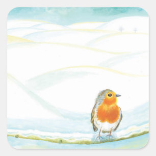 Winterlandschaft Illustration mit Robin Quadratischer Aufkleber