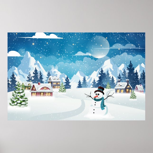 Winterlandschaft im Abend mit Schnee bedeckt Poster (Vorne)