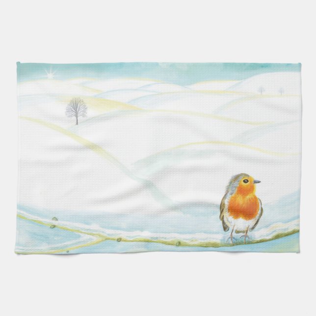 Winterlandschaft im Weißen Winter mit Robin Geschirrtuch (Horizontal)
