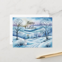 Winterlandschaft in der Abenddämmerung mit Hase | Postkarte