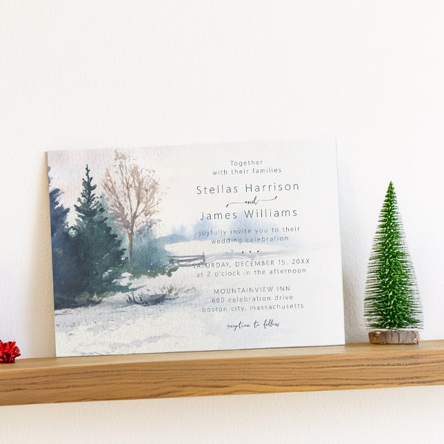 Winterlandschaft Kiefer QR-Code Hochzeit Einladung (Winter Scenery Pine Tree Wedding Invitation)