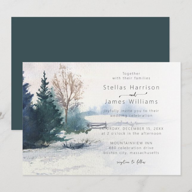 Winterlandschaft Kiefern Hochzeit Einladung (Vorne/Hinten)