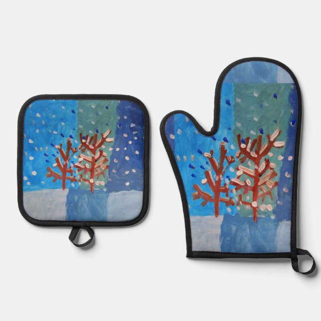 Winterlandschaft "Kunst von Kindern" Ofenhandschuh & Topflappen-Set (Vorderseite)