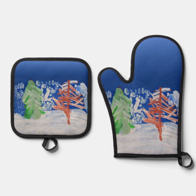 Winterlandschaft "Kunst von Kindern" Ofenhandschuh & Topflappen-Set (Vorderseite)
