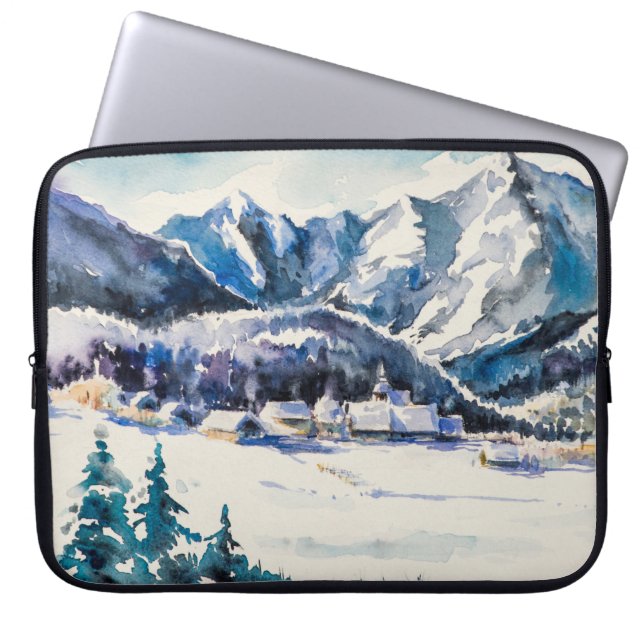 Winterlandschaft mit Bergdorf bedeckt mit Laptopschutzhülle (Vorderseite)