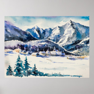 Winterlandschaft mit Bergdorf bedeckt mit Poster