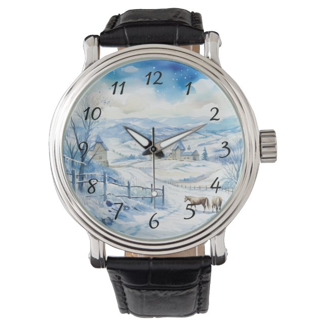 Winterlandschaft mit Bergen und Pferden Armbanduhr (Vorderseite)