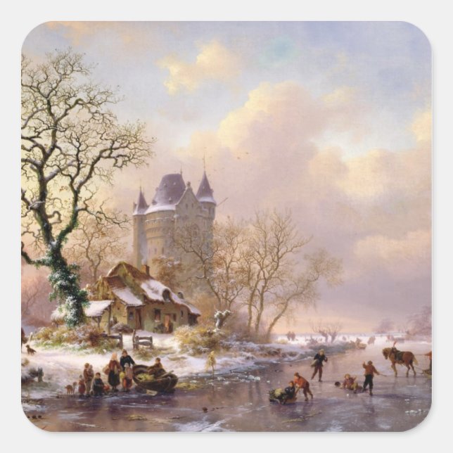Winterlandschaft mit Burg Quadratischer Aufkleber (Vorderseite)