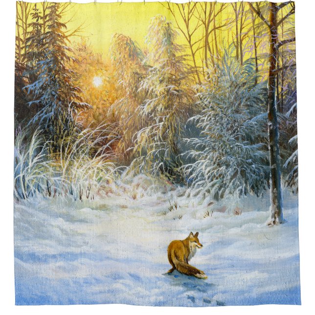 Winterlandschaft mit Fuchs im Niedergang Duschvorhang (Vorderseite)