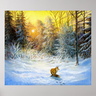 Winterlandschaft mit Fuchs im Niedergang Poster