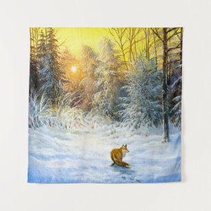 Winterlandschaft mit Fuchs im Niedergang Wandteppich
