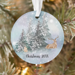 Winterlandschaft mit Hirsch, Kaninchen und Schnee Ornament