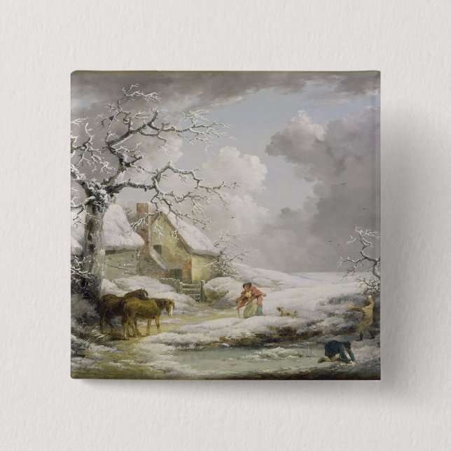 Winterlandschaft mit Männern Schneeballspiel und a Button (Vorderseite)