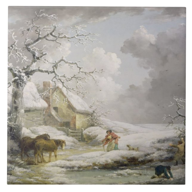 Winterlandschaft mit Männern Schneeballspiel und a Fliese (Vorderseite)