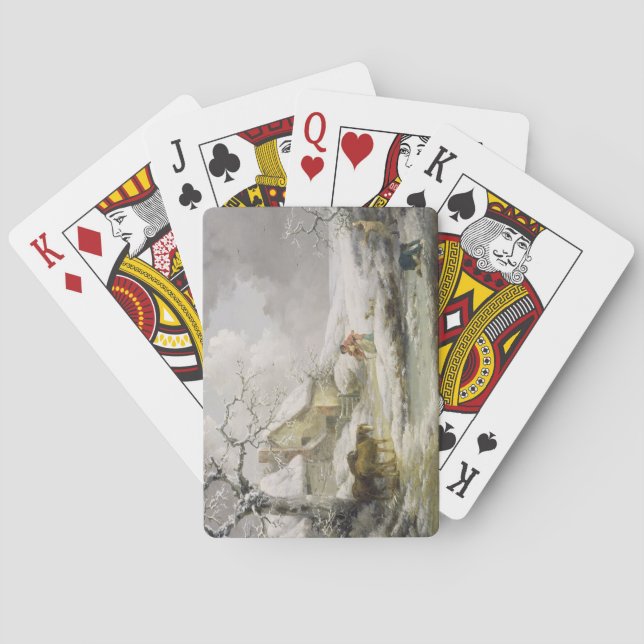 Winterlandschaft mit Männern Schneeballspiel und a Spielkarten (Rückseite)