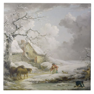 Winterlandschaft mit Männern Schneeballspiel und Fliese