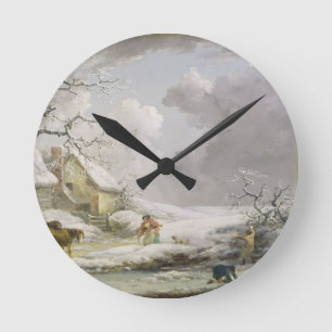 Winterlandschaft mit Männern Schneeballspiel und Runde Wanduhr