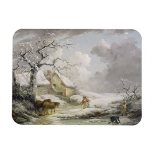 Winterlandschaft mit Männern Snowballspielen und A Magnet