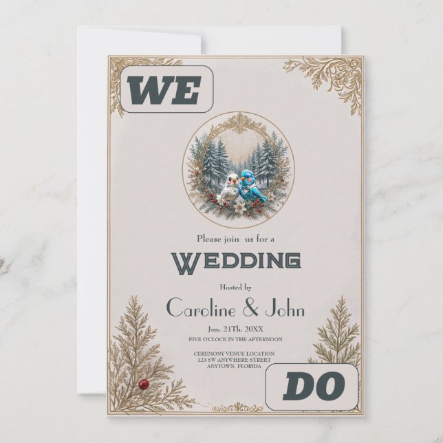 Winterlandschaft mit niedlichem Vogelhochzeitpaar. Einladung (Vorderseite)