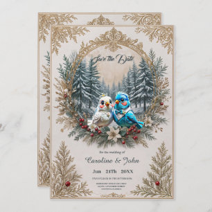 Winterlandschaft mit niedlichem Vogelhochzeitpaar. Save The Date