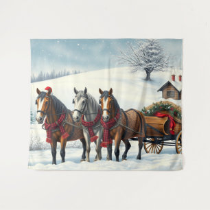 Winterlandschaft mit Pferden und Hütten Wandteppich
