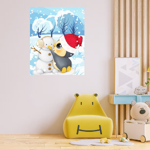 Winterlandschaft mit Pinguin und Schneemann Poster