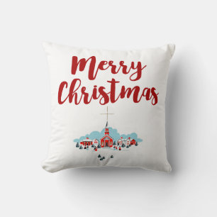 Winterlandschaft mit Roter Kirche und Weihnachtsst Kissen