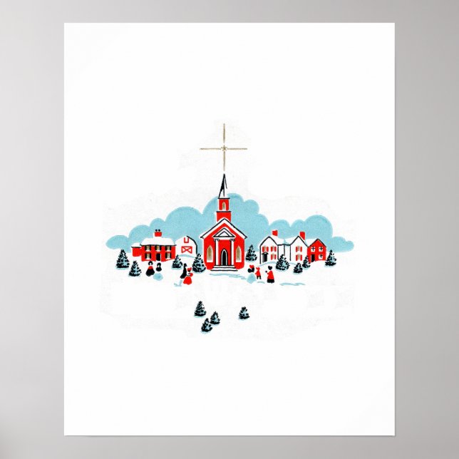 Winterlandschaft mit Roter Kirche und Weihnachtsst Poster (Vorne)
