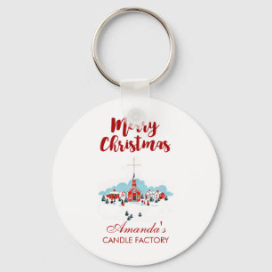 Winterlandschaft mit Roter Kirche und Weihnachtsst Schlüsselanhänger