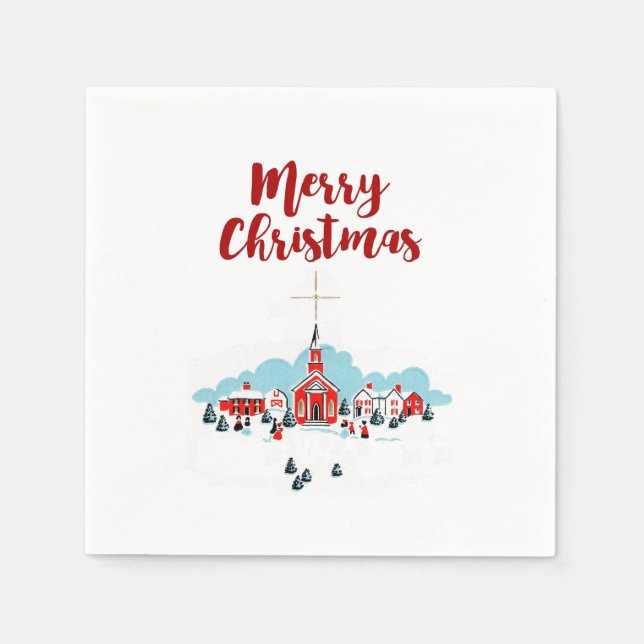 Winterlandschaft mit Roter Kirche und Weihnachtsst Serviette (Vorderseite)